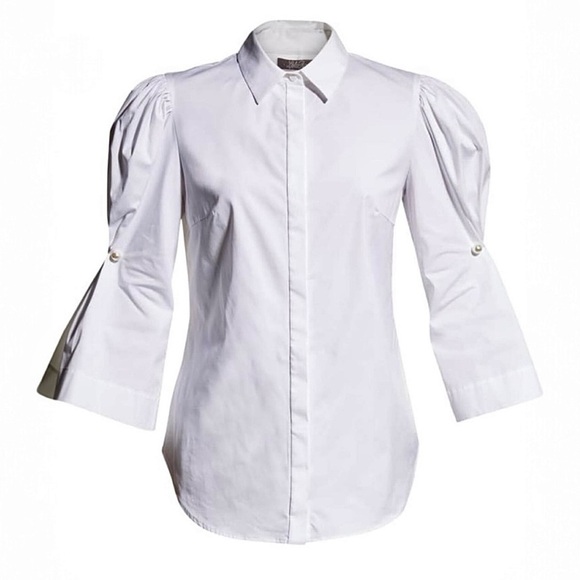 Lela Rose Button-Down Poplin Blouse Top with Pearl Brooch On Puff Sleeve Size 4 - Picture 13 of 16